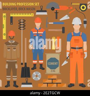 Profession and occupation set. Bricklayer, brick mason tools and equipment. Uniform flat design icon. Vector illustration Stock Vector