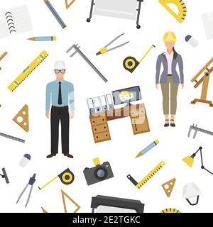 Profession and occupation set. Architect tools workplace equipment seamless pattern. Vector illustration Stock Vector