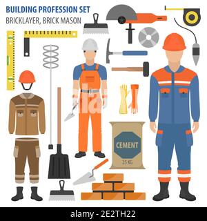Profession and occupation set. Bricklayer, brick mason tools and equipment. Uniform flat design icon. Vector illustration Stock Vector