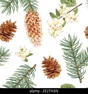 Christmas and New Year seamless pattern with spruce, snowberry and cones. The nature of the forest. Stock Vector Illustration on a white background. Stock Vector