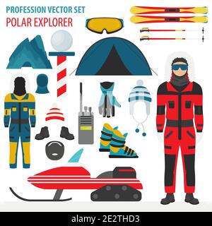 Profession and occupation set. Polar explorer, antarctic expedition equipment, flat design icon. Welder worker. Vector illustration Stock Vector