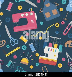 Vector seamless pattern Mannequin, scissors, needle, pin, buttons