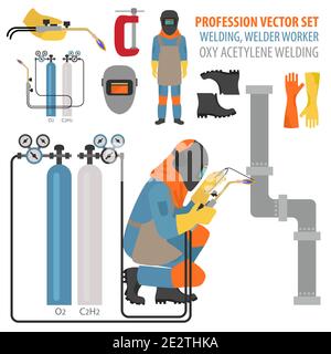 Profession and occupation set. Metal welding equipment, gas cutting flat design icon.Welder worker. Vector illustration Stock Vector