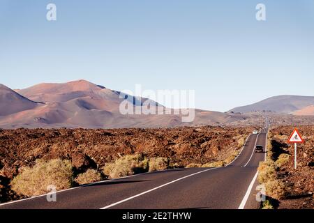 Scenic road at Timanfaya, Lanzarote. Volcanic Landscape Canary Islands Stock Photo
