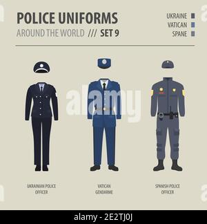 Police uniforms around the world. Suit, clothing of european police officers vector illustrations set Stock Vector