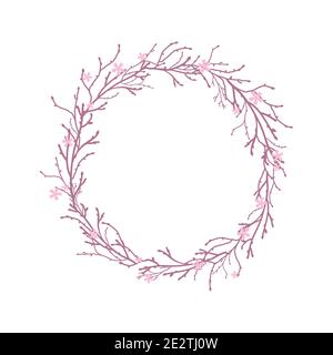 Round Wreath with green branches and pink flowers. Spring bloom garland. Tender design for greeting cards and wedding decoration. Vector illustration. Stock Vector