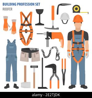 Profession and occupation set. Roofer tools and equipment. Uniform flat design icon. Vector illustration Stock Vector
