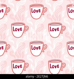 Valentines Day theme doodle Vector seamless pattern of hand drawn two cups of tea of coffee with heart shape Stock Vector
