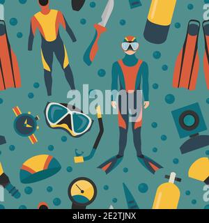 Sporting gear set. Diving equipment and scuba diver male seamless pattern.Vector illustration Stock Vector