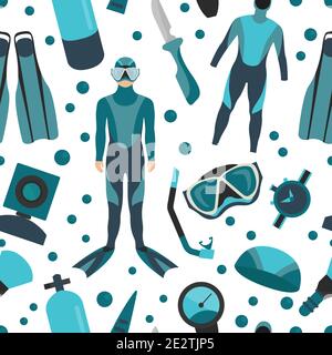 Sporting gear set. Diving equipment and scuba diver male seamless pattern.Vector illustration Stock Vector