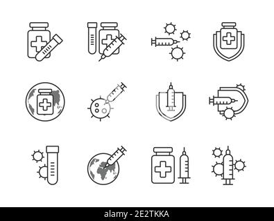 Covid-19 vaccine icon set outline style.  Sign and symbol for websit, print, sticker, banner, poster. Stock Vector