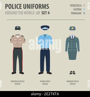 Police uniforms around the world. Suit, clothing of american police officers vector illustrations set Stock Vector