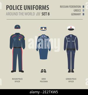 Police uniforms around the world. Suit, clothing of european police officers vector illustrations set Stock Vector