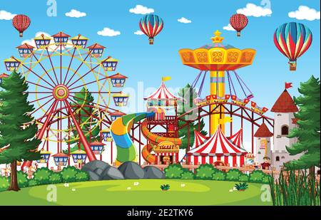 Amusement park scene at daytime with balloons and rainbow in the sky ...