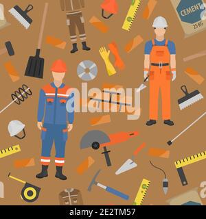 Profession and occupation set. Bricklayer, brick mason tools and equipment. Seamless pattern. Vector illustration Stock Vector