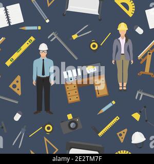 Profession and occupation set. Architect tools workplace equipment seamless pattern. Vector illustration Stock Vector