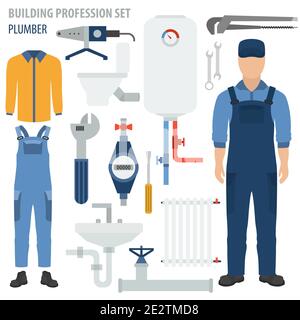 Profession and occupation set. Plumber tools and equipment. Uniform flat design icon. Vector illustration Stock Vector