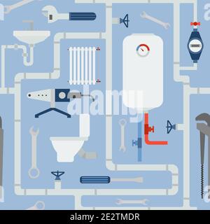 Profession and occupation seamless pattern. Plumber tools and equipment. Uniform flat design. Vector illustration Stock Vector