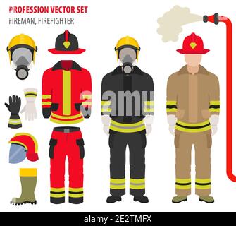 Profession and occupation set. Fireman equipment, firefighter service staff uniform flat design icon.Vector illustration Stock Vector