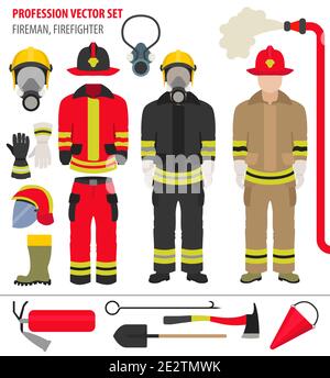 Profession and occupation set. Fireman equipment, firefighter service staff uniform flat design icon.Vector illustration Stock Vector