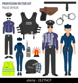 Profession and occupation set. Police officer equipment, uniform flat design icon.Vector illustration Stock Vector