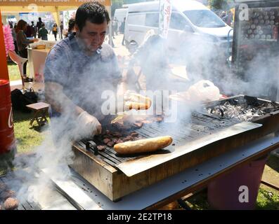 ADANA,TURKEY-APRIL 9:Unidentified Chef cooking Turkish Kofte kebab  at Orange Blossom Carnival.April 9,2017 in Adana,Turkey. Stock Photo