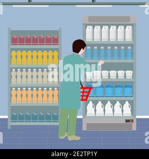 Person with a shopping basket near the supermarket shelves with drinks and dairy products Stock Vector