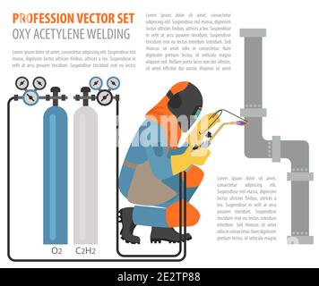 Profession and occupation set. Metal welding equipment, gas cutting flat design icon.Welder worker. Vector illustration Stock Vector