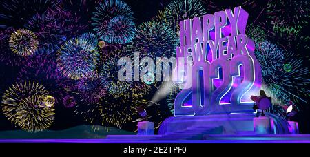 Happy new year 2022 in thick letters on a purple monument-like pedestal illuminated by 4 floodlights with blue, green, yellow and magenta fireworks on
