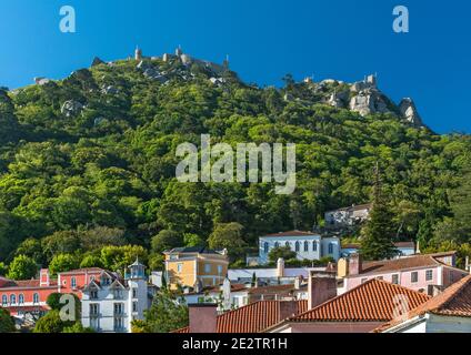 Castelo dos Mouros (Castle of the Moors), view from Praca da Republica in Sintra, Lisbon District, Lisboa region, Portugal Stock Photo