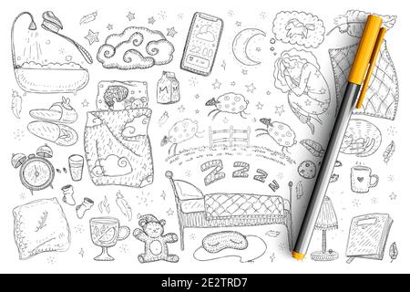 Morning and sleeping rituals doodle set. Collection of hand drawn bedroom with bed and blankets, sleeping people, alarm clock, counting sheep and home accessories isolated on transparent background Stock Vector