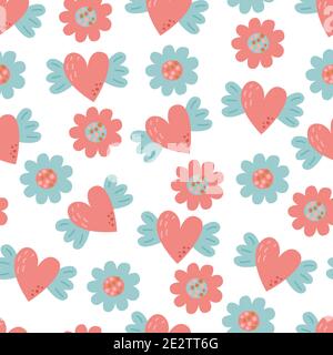 Seamless pattern with pink flowers and heart Stock Vector