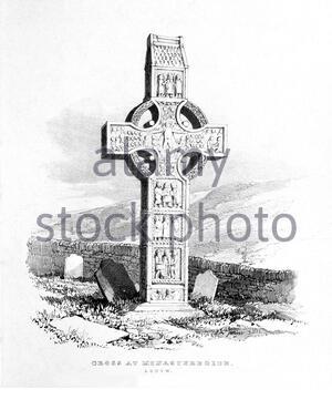 Cross of Monarsterboice (Muiredach's High Cross) in County Louth Ireland, a 10th century high cross, vintage illustration from 1830