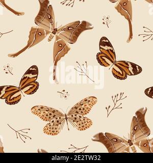Seamless pattern with butterflies and moths in brown palette. The moth is a mystical symbol and talisman. Stock vector illustration. Stock Vector