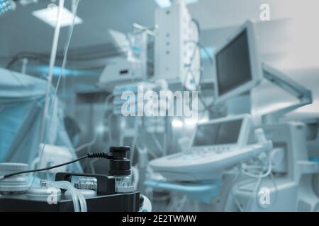 Breathing apparatus for anesthesia in the operating room with multiple devices Stock Photo