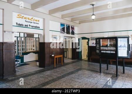 Windhoek, Namibia - July 22 2020: Windhoek Train Station Interior Star Line Passenger Services Tickets and Reservations Counter, Historic Railway Term Stock Photo