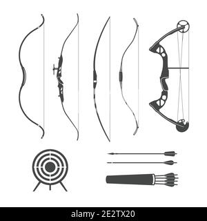 Ancient wooden bow and modern sport archery, silhouettes of bows and arrows isolated on white background, vector Stock Vector