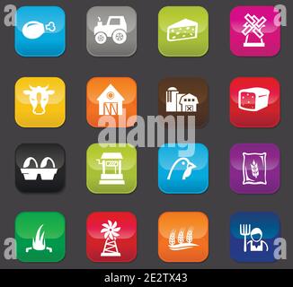 Agriculture and farming icon set for web sites and user interface. Colored buttons on a dark background Stock Vector
