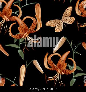 Seamless floral pattern with a branch of orange lily and a butterfly on a black background. Lilium lancifolium. Tropical pattern. Stock vector illustr Stock Vector