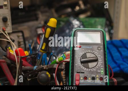 measurement scale on a multimeter, tester of electronic parts, components Stock Photo