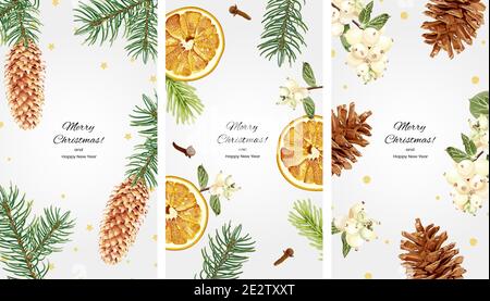 Collection of vertical Christmas backgrounds for social networks with space for text. Spruce branches, cones, snowberry, dried oranges, cloves and gol Stock Vector