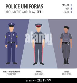 Police uniforms around the world. Suit, clothing of american police officers vector illustrations set Stock Vector