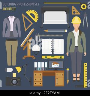 Profession and occupation set. Architect tools workplace equipment. Vector illustration Stock Vector