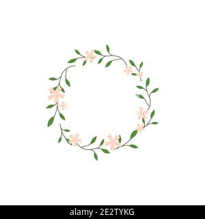 Round Wreath with green branches and pink flowers. Spring bloom garland. Tender design for greeting cards and wedding decoration. Vector illustration. Stock Vector