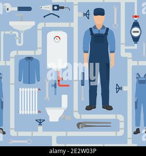 Profession and occupation seamless pattern. Plumber tools and equipment. Uniform flat design. Vector illustration Stock Vector