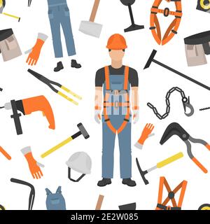 Profession and occupation set. Roofer tools and equipment. Seamless pattern. Vector illustration Stock Vector