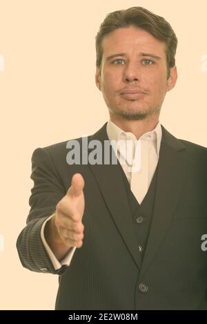 Handsome Caucasian businessman giving handshake Stock Photo