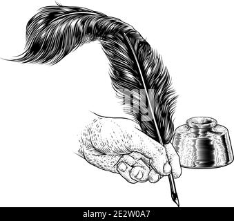 Quill Feather Ink Pen Hand Vintage Woodcut Print Stock Vector