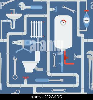 Profession and occupation seamless pattern. Plumber tools and equipment. Uniform flat design. Vector illustration Stock Vector