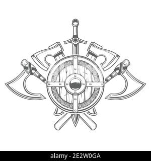 Emblem with round Viking shield and crossed cold arms, axes and swords, medieval armor, vector Stock Vector